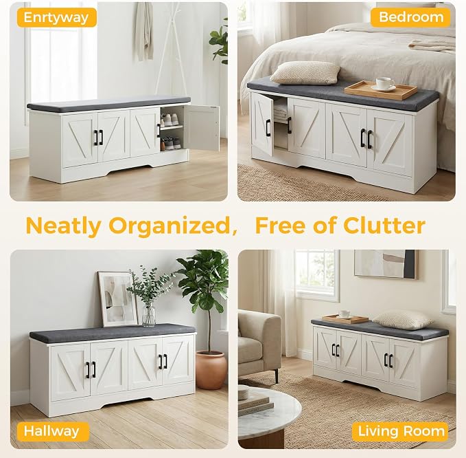 47" Shoe Bench, with Storage with Padded Seat Cushion, Modern 4-Door Shoe Cabinet with Adjustable Shelf for Entryway, Bedroom, Living Room, White