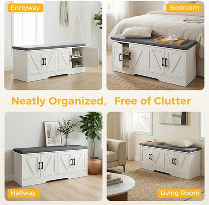 47" Shoe Bench, with Storage with Padded Seat Cushion, Modern 4-Door Shoe Cabinet with Adjustable Shelf for Entryway, Bedroom, Living Room, White