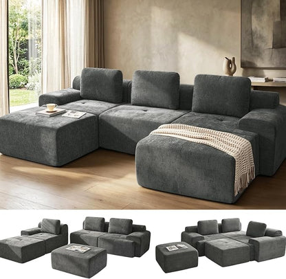 122" U Shaped Oversized Boneless Couch, Comfort Cloud Sectional Couches for Living Room, Modular Sofa High Back & Extra Deep Seat, No Assembly, Soft Chenille (Dark Grey, 122 inch-U shaped（3+2）)