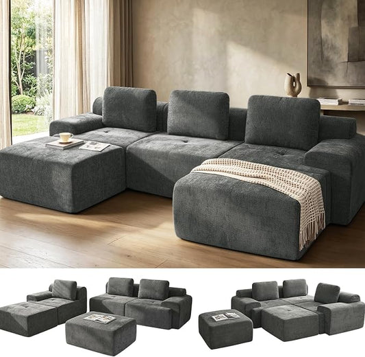 122" U Shaped Oversized Boneless Couch, Comfort Cloud Sectional Couches for Living Room, Modular Sofa High Back & Extra Deep Seat, No Assembly, Soft Chenille (Dark Grey, 122 inch-U shaped（3+2）)