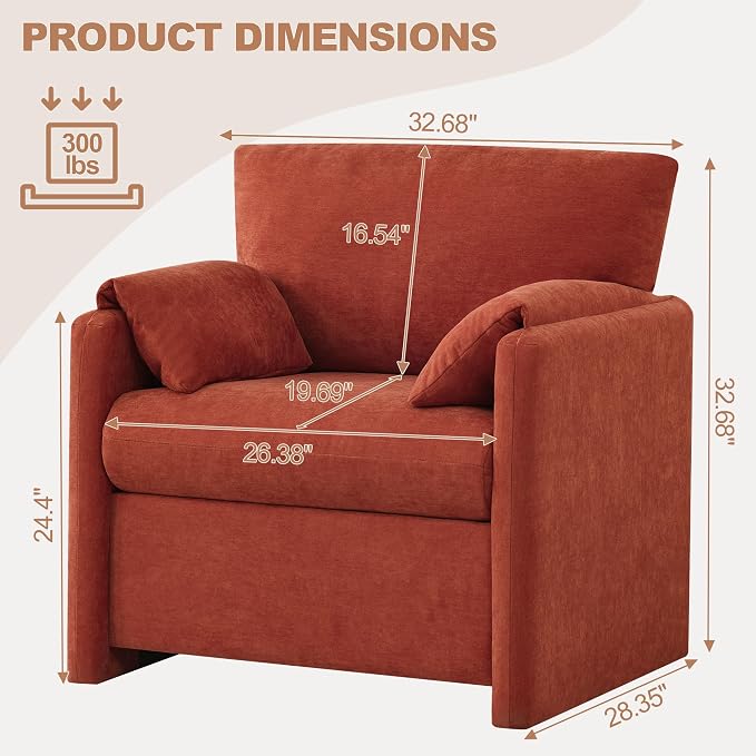 Oversized Accent Chair for Living Room, 32.68" Large Modern Armchair with Deep Seat, Mid-Century Comfy Reading Chair with Padded Arms, Chenille Single Sofa Chairs for Bedroom, Orange