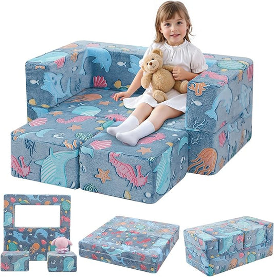 MeMoreCool Mermaid Glow-in-the-Dark Kids Play Couch, Denim Mermaid Modular Toddler Couch for Girls, Convertible Foam Sofa Bed for Playroom Bedroom, 220 lbs Capacity
