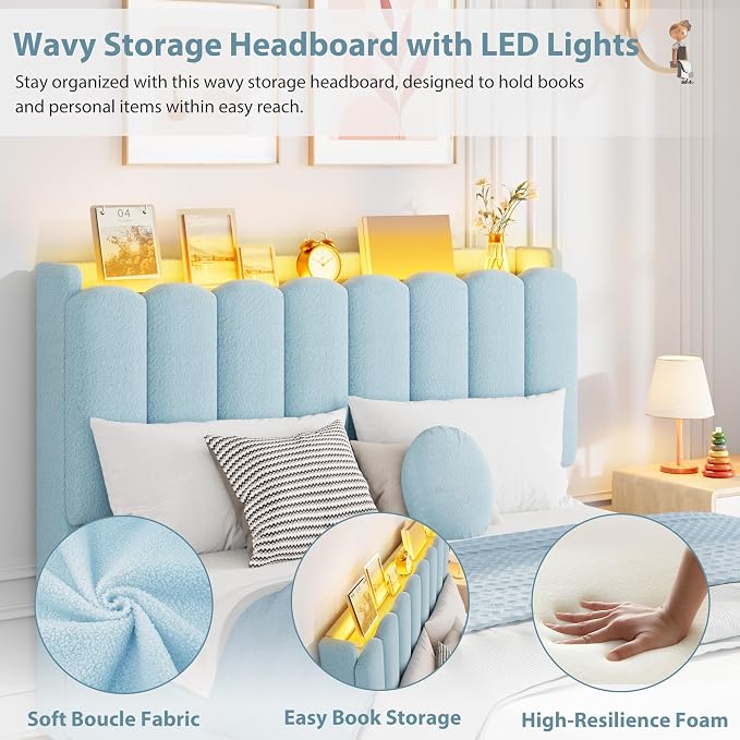 Garvee LED Full Size Bed Frame with Storage Headboard, Kids Bed Frame with 2 Drawers, Boucle Upholstered Platform Bed for Girls, Chic Wavy Headboard with Bookcase, No Box Spring Needed, Blue