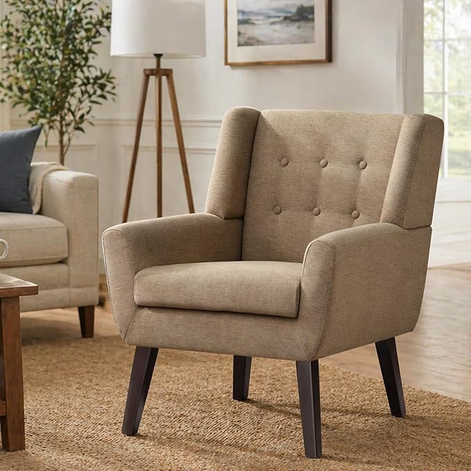 HUIMO Accent Chairs for Living Room,Linen Button-Tufted Upholstered Armchair with Wooden Legs,Comfy Mid Century Modern Chair for Bedroom Apartment Waiting Room Brown