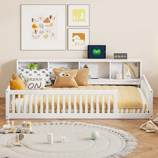 Bellemave Kids Montessori Floor Bed Twin XL Size,Floor Bed Frame with Bookcase and Charging Station for Kids Boys Girls,White