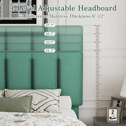 VECELO Queen Size Bed Frame with Adjustable Headboard, Upholstered Platform Bedframe with Wood Slat Support, No Box Spring Needed, Easy Assembly, Dark Green