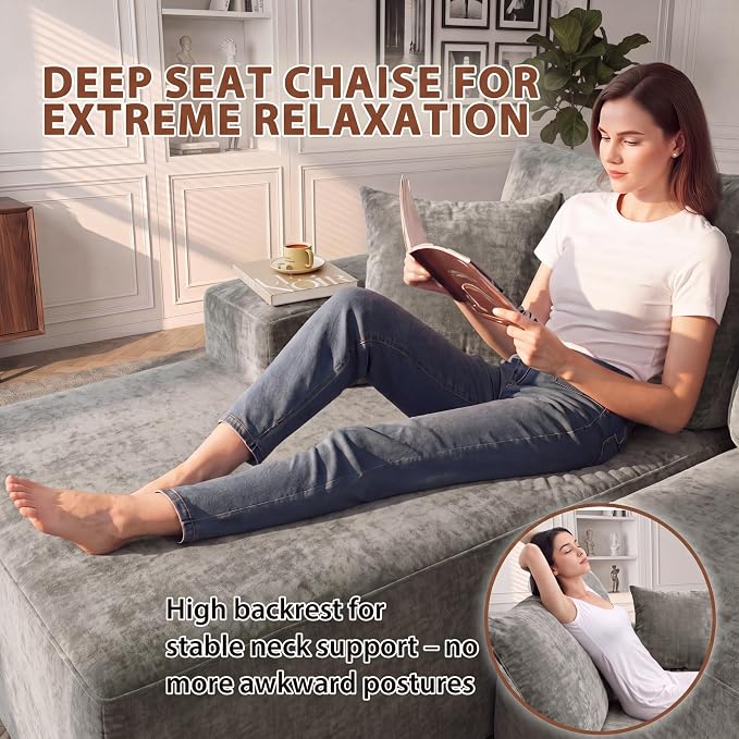 Homall 110" Boneless Sectional Couch, Modular Sectional Sofa L-Shape Couch with Deep Seat, Cloud Comfy Boneless Couch for Living Room, No Assembly Required (Chenille, Grey)