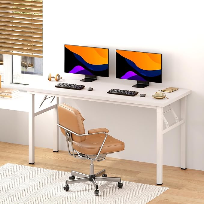 Need Office Computer Desk - 54.3L Sturdy and Heavy Duty Folding Laptop Table,Writing Table/Home Office Desk/Sewing Table,No Assembly Required (White & White Frame)
