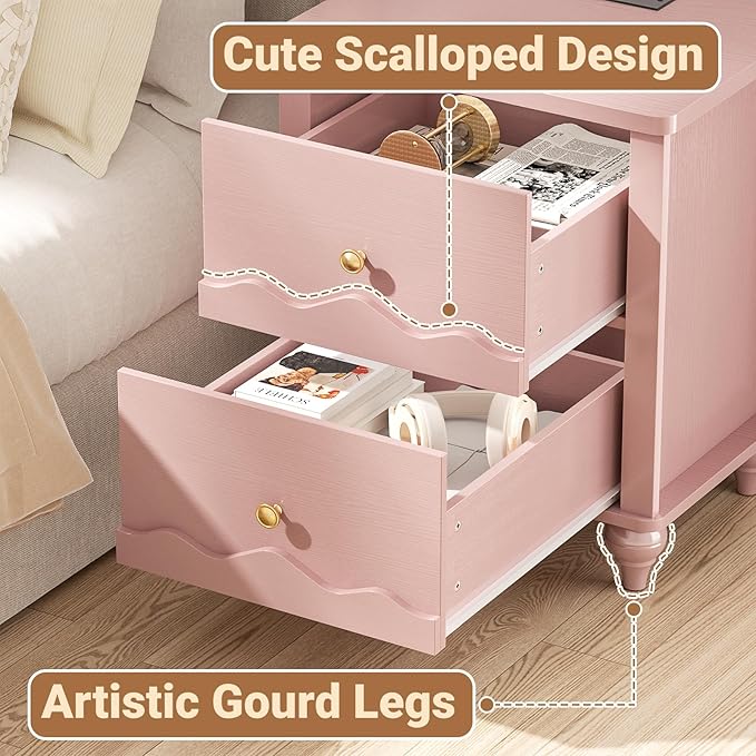 Cyclysio Pink Nightstand with Charging Station, Scalloped Bedside Table with 2 Smooth Drawers, Modern End Table with Solid Wood Legs for Bedroom and Small Spaces