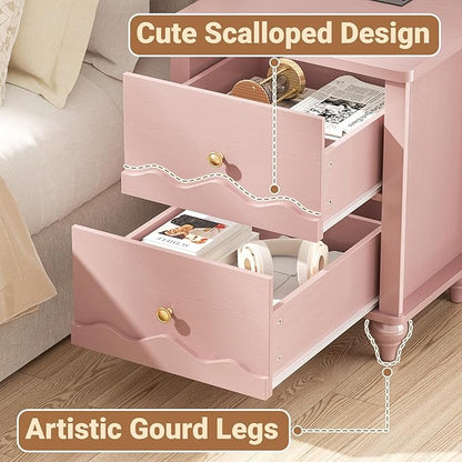 Cyclysio Pink Nightstand with Charging Station, Scalloped Bedside Table with 2 Smooth Drawers, Modern End Table with Solid Wood Legs for Bedroom and Small Spaces