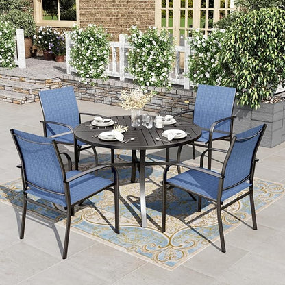 HERA'S HOUSE 5 Pieces Patio Table and Chairs Set, Outdoor Dining Furniture for 4, 42" Black Metal Round Dining Table with Umbrella Hole, 4 x Blue Textilene Chairs for Lawn Garden Backyard Deck