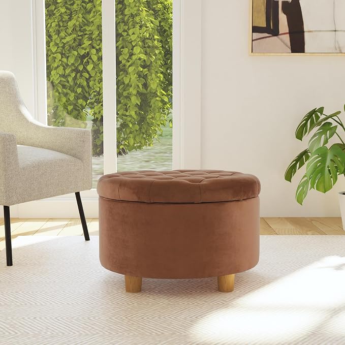 HomePop 28" Button Tufted Velvet Round Storage Ottoman - Spice Orange Velvet