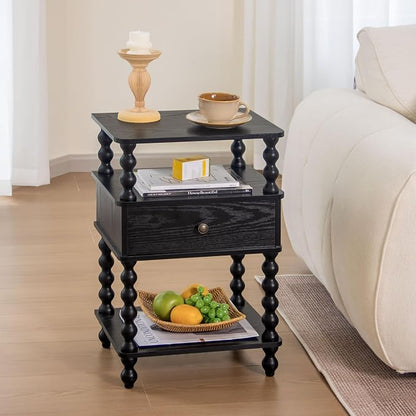 AWASEN Black Nightstand, Bed Side Table Bedroom with Drawer, 3-Tier Small Night Stand End Table with Storage for Small Spaces &Solid Wood Spindle Legs, Black