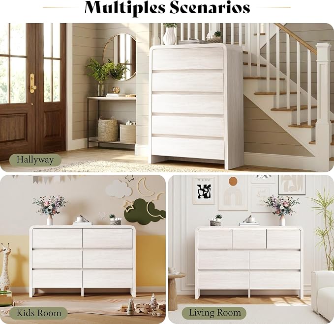 AMERLIFE Modern 3-Piece Bedroom Furniture Set with 7-Drawer Dresser and 2 Nightstands, Large Storage Capacity, Rounded Corners, Flexible Combination Design, Anti-Tip Kit Included, White