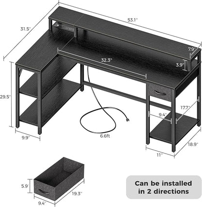 SUPERJARE 53 inch L Shaped Gaming Desk with LED Lights & Power Outlets, Reversible Computer Desk with Shelves & Monitor Stand, Corner Desk with Drawer, for Home & Office, Black