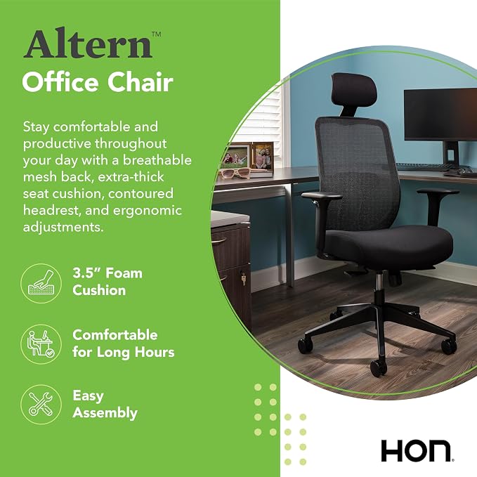 HON Altern Ergonomic Office Chair with Headrest, Mid‑Back Mesh Desk Chair, Adjustable Arms, Seat Slide, Synchro‑Tilt, Rolling Computer Seat for Home Office, Black Frame, Fog