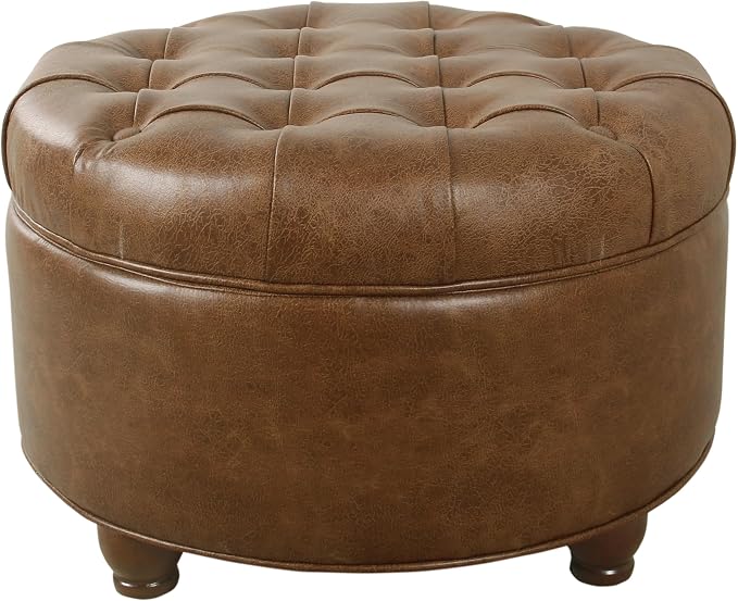 HomePop 25" Button Tufted Round Storage Ottoman - Brown Faux Leather