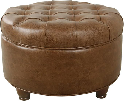 HomePop 25" Button Tufted Round Storage Ottoman - Brown Faux Leather