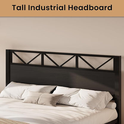 LIKIMIO King Bed Frame, Tall Industrial Headboard 51.2 ", Platform Bed Frame with Strong Metal Support, Solid and Stable, Noise Free, No Box Spring Needed, Easy Assembly, Black
