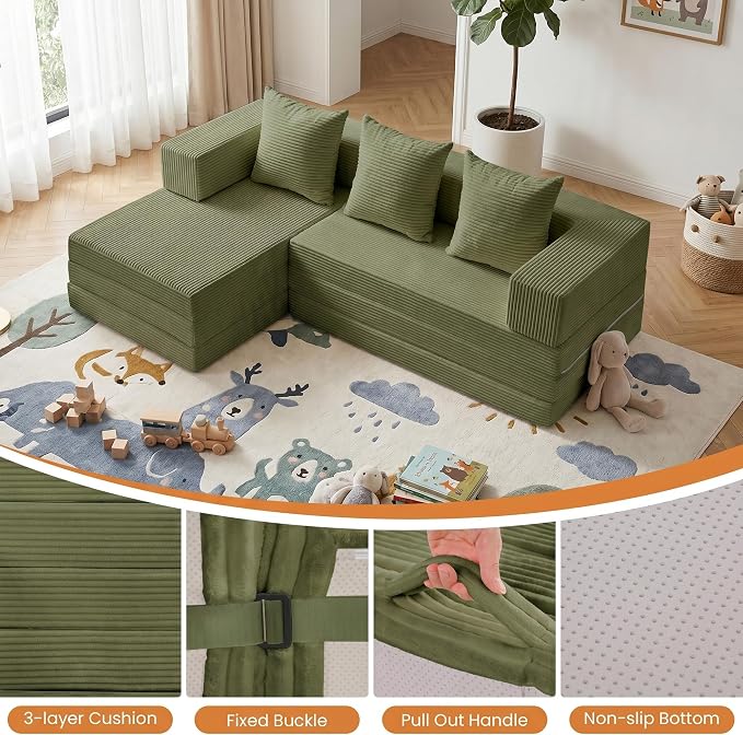 65" Modular Sectional Sofa, Boneless Convertible Sleeper Sofa Bed, Modern Tri-Folding Cloud Couch with L-Shape Chaise, Corduroy Futon Couches for Small Spaces Apartment,No Assembly,Green