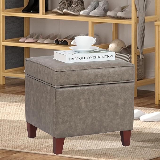 Adeco 17.5" Square Storage Ottoman, Faux Leather Flip Top Footstool & Coffee Table, Upholstered Foot Rest with Wood Legs, Small Extra Seat for Living Room & Bedroom, Coffee Brown