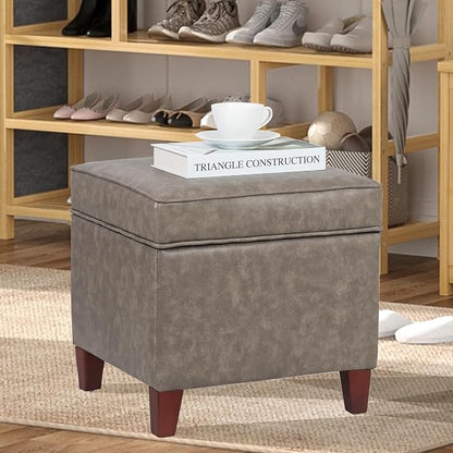 Adeco 17.5" Square Storage Ottoman, Faux Leather Flip Top Footstool & Coffee Table, Upholstered Foot Rest with Wood Legs, Small Extra Seat for Living Room & Bedroom, Coffee Brown