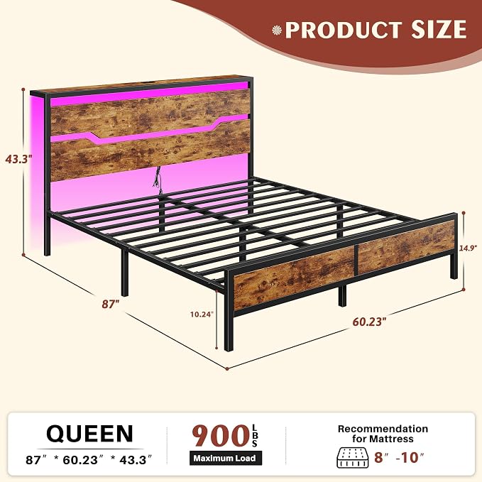 Homkdom Queen Bed Frame with USB Ports & LED Lights, Headboard Shelf, Heavy Duty Metal Platform with 10.24" Underbed Storage, Noise-Free Slats, No Box Spring Needed, Modern Brown