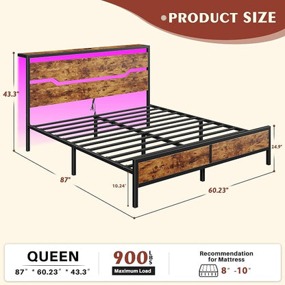 Homkdom Queen Bed Frame with USB Ports & LED Lights, Headboard Shelf, Heavy Duty Metal Platform with 10.24" Underbed Storage, Noise-Free Slats, No Box Spring Needed, Modern Brown