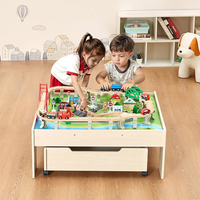 VEVOR Train Table, 100 Multicolor Pieces Wooden Kids Activity Table with Rolling Storage Drawer, 3-in-1 Wooden Train Set for Gaming, Drawing, Reading, Eating, Creative Toy Set for Kids Ages 3+