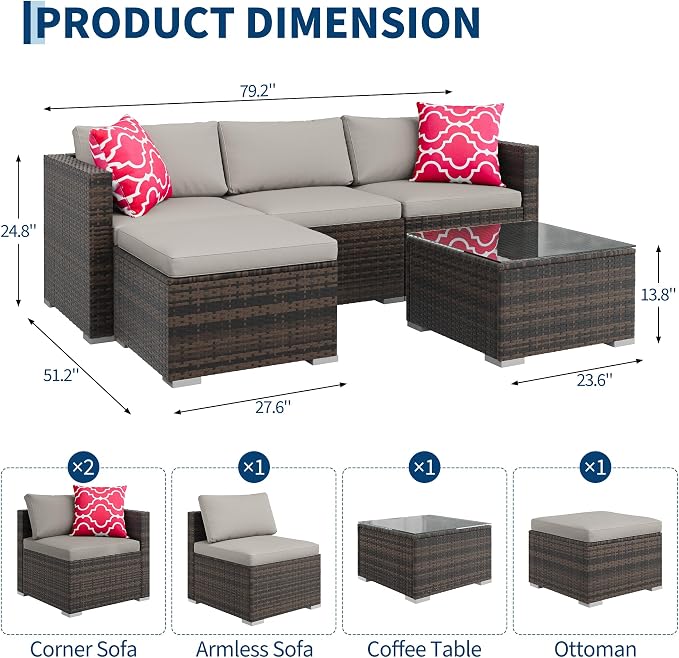 5 Piece Outdoor Patio Furniture Set, Rattan Deck Conversation Sofa Set with Non-Slip Cushions, All-Weather Sectional Sofa with Glass Storage Table and Balcony Footstool, Poolside, Garden, Brown+Gray