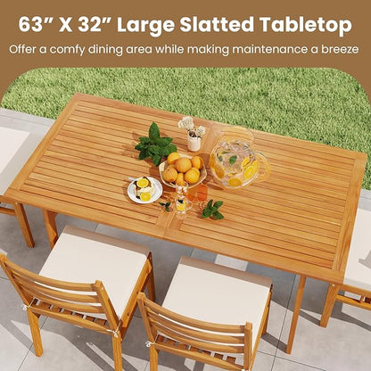 Tangkula 7 Pieces Patio Acacia Wood Dining Set, Outdoor Heavy Duty Rectangular Table with 1.97” Umbrella Hole and 6 Cushioned Chairs, for Deck, Garden and Backyard