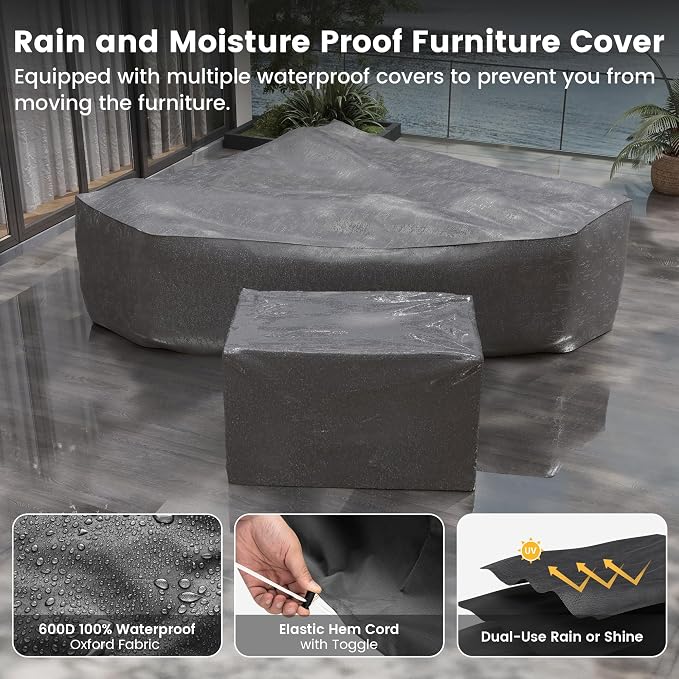 UDPATIO Patio Sectional Sofa with Fire Pit Table, 8 Inch Armrest 7-Piece Wicker Conversation with Waterproof Cover for Backyard Deck, Grey/Dark Grey