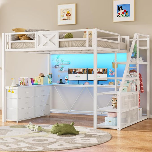 Itaar Full Size Loft Bed with Desk and Storage Stairs, Metal Loft Bed with 6 Storage Drawers, Hall Tree, LED Lights and Power Outlet, for Kids, Teens, Adults, (White, Full)