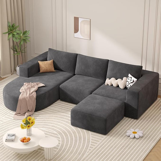 Boneless Couches for Living Room with Chaise,104" Modular Sectional Sofa with Convertible Ottoman,Cozy Cloud Couch with U-Shaped,Sponge Compression Sofas in a Box,No Assembly Required(Gray) 1pcs