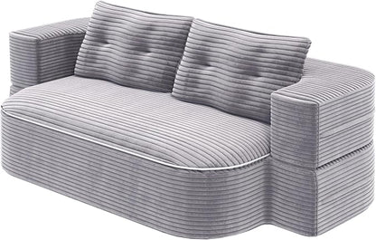 78.7" Futon Sofa Bed, 2-in-1 Foldable Sleeper Sofa, Convertible Floor Couch with Pillows, Corduroy Couch with Multi Functional Blanket Upholstered Boneless Couches for Living Room, Light Gray