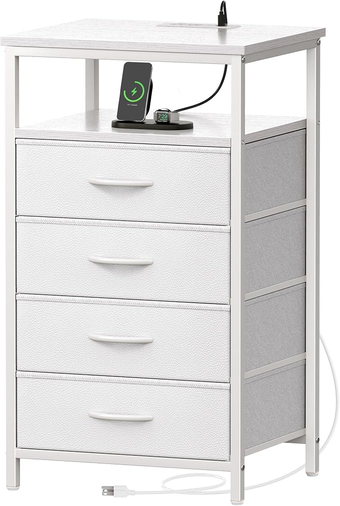Huuger Night Stand with Charging Station, Multiple Drawer Dresser for Bedroom, Bedside Table, Tall Nightstand with PU Leather Finish, Open Shelf, End Table, for Closet, Entryway, Bedroom, White