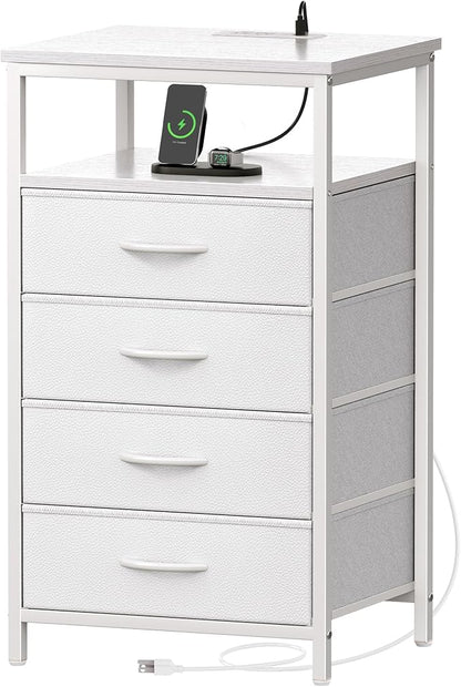 Huuger Night Stand with Charging Station, Multiple Drawer Dresser for Bedroom, Bedside Table, Tall Nightstand with PU Leather Finish, Open Shelf, End Table, for Closet, Entryway, Bedroom, White