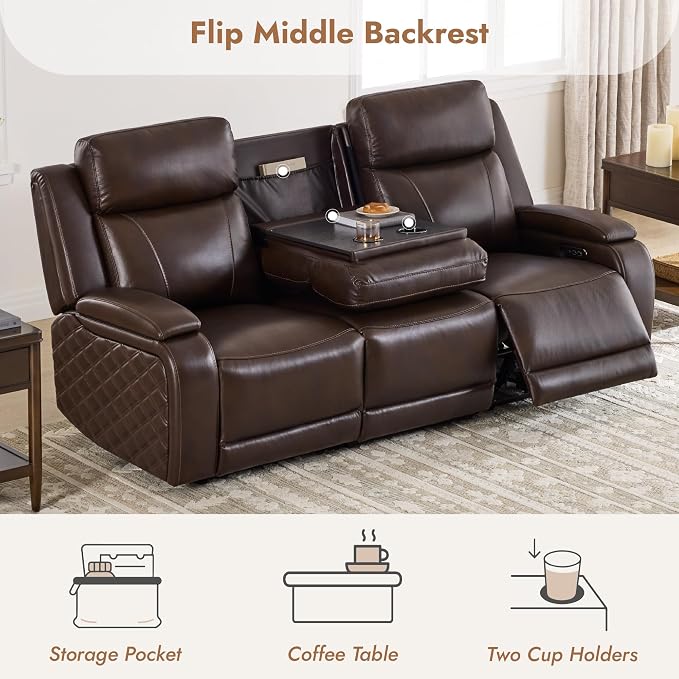 Watson & Whitely Genuine Leather Power Recliner Sofa and Loveseat Set, Zero Gravity Reclining Couch with Storage Console, Power Headrest & Wireless Charging, Cup Holders for Living Room, Dark Brown