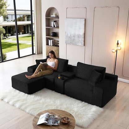 ivoros 111 Inch Modular Sectional Sofa Couch, Oversized Modern Cloud Couch for Living Room, L Shape Couches with Ottomans, USB Ports and Cup Holders, Black Corduroy Boneless Sofas, Sofa in a Box