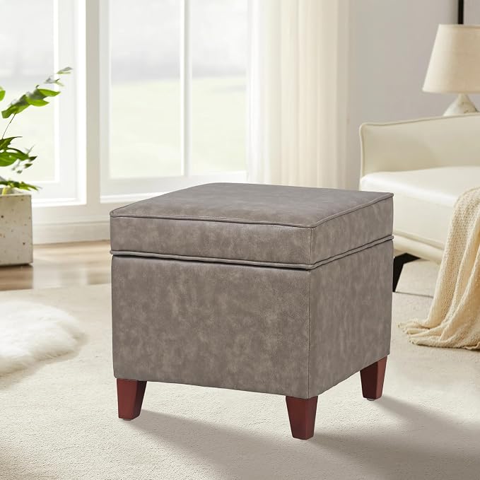 Adeco 17.5" Square Storage Ottoman, Faux Leather Flip Top Footstool & Coffee Table, Upholstered Foot Rest with Wood Legs, Small Extra Seat for Living Room & Bedroom, Coffee Brown