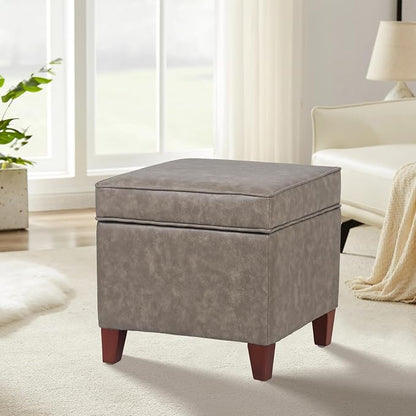 Adeco 17.5" Square Storage Ottoman, Faux Leather Flip Top Footstool & Coffee Table, Upholstered Foot Rest with Wood Legs, Small Extra Seat for Living Room & Bedroom, Coffee Brown
