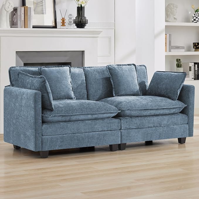 76" Cloud Loveseat Sofa, Modular Sectional Couch with Deep Seats and Double-Layer Thick Cushions, Chenille Upholstered 2-Seat Sofa for Living Room Apartment, Blue
