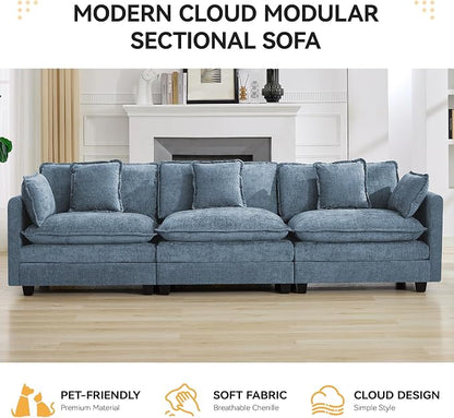 111'' Sectional Cloud Deep Seat Couch, Modern Comfy Chenille Modular Sectional Sofa for Living Room Set, Upholstered Modular 3-Seats Sofa Couch, Blue