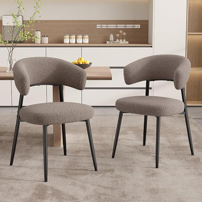 Dining Chairs Set of 4, Mid Century Modern Kitchen Chairs, Boucle Upholstered Dining Chair with Curved Backrest & Metal Legs for Kitchen Dining Room, Brown
