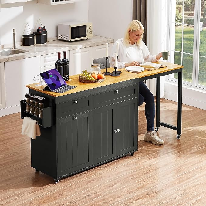 ONBRILL Kitchen Islands with Extendable Dining Table, 81.7" Mobile Kitchen Storage Islands, Rolling Kitchen Cart with Trash Cabinet, Power Outlet, Spice Rack & Towel Rack, Black