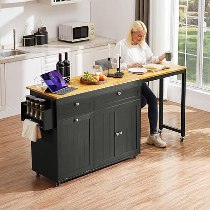 ONBRILL Kitchen Islands with Extendable Dining Table, 81.7" Mobile Kitchen Storage Islands, Rolling Kitchen Cart with Trash Cabinet, Power Outlet, Spice Rack & Towel Rack, Black