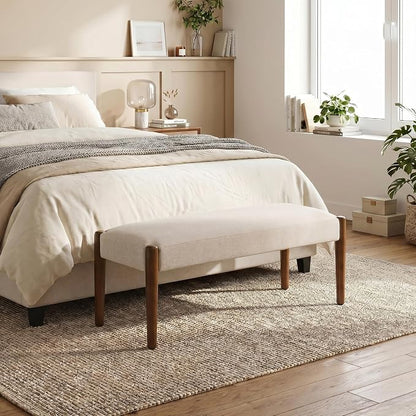 Usaint 42" End of Bed Bench, Modern Upholstered Bedroom Bench with Rubberwood Legs, Entryway Bench with Cushion, Dining Bench for Living Room, Bedroom, Beige with Walnut Leg