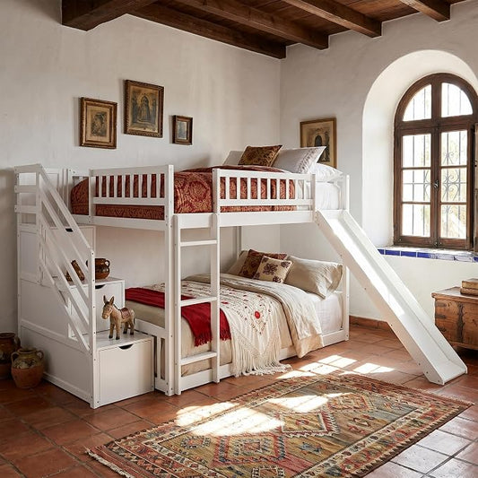 RUNNA Full Over Full Bunk Bed, Staircase with Drawers, Slide, Ladder | full over full bunk bed, staircase with drawers, convertible slide and ladder, solid pine wood, guardrails, no box spring