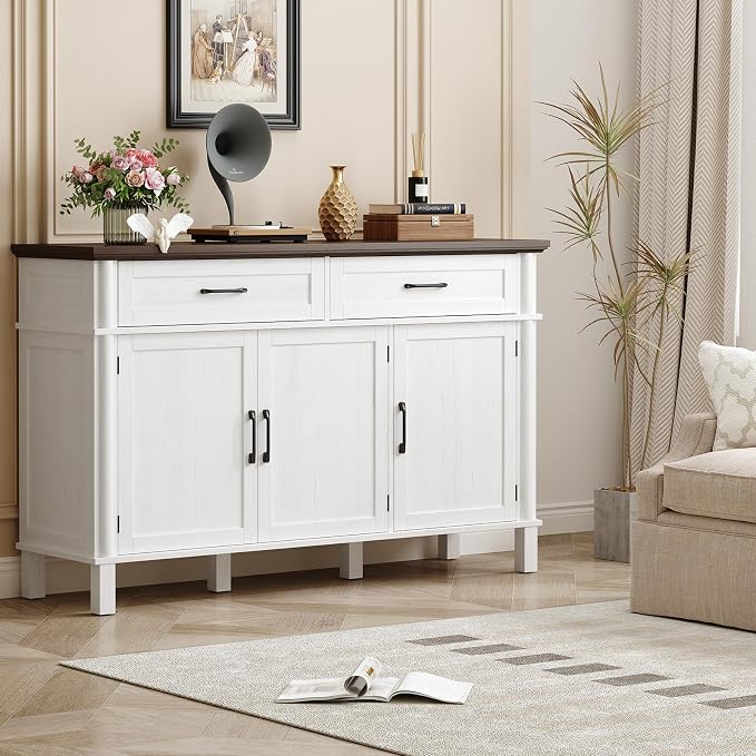 ONBRILL 55 Inch Buffet Cabinet with Storage, Farmhouse Sideboard Buffet w/2 Drawers and 3 Doors, Wood Coffee Bar Cabinet with Adjustable Shelves, Sideboard Storage for Kitchen, Living Room, Off White
