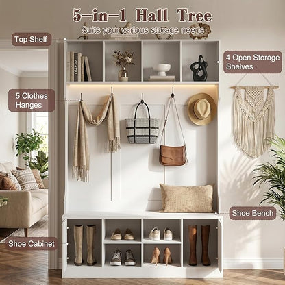 Hall Tree with Bench and Shoe Storage, 5-in-1 Entryway Coat Rack with LED Sensor Light, Hooks and Storage Cubes, Shoe Cabinet with Fluted Door, Modern Hall Tree for Entryway, Living Room
